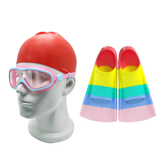 3pcs Kids Swimming Equipment Set Silicone Swim Cap Anti-Fog Goggles and Non-Slip Fins Custom Logo Available, product image 1