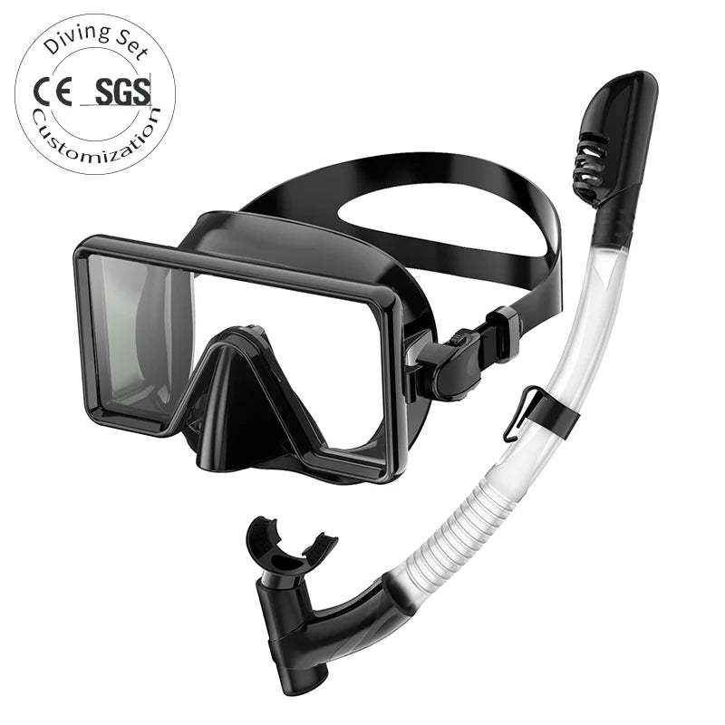 Factory OEM Custom Logo Tempered Glass & Silicone Low Volume Full Dry Snorkeling Mask and Snorkel Set, product image 1