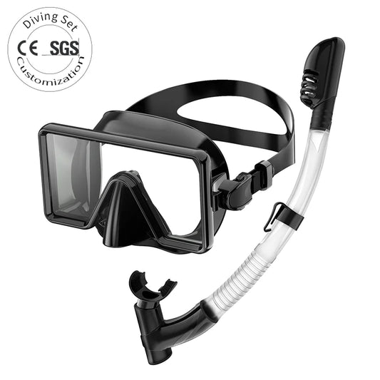 Factory OEM Custom Logo Tempered Glass & Silicone Low Volume Full Dry Snorkeling Mask and Snorkel Set, product image 1