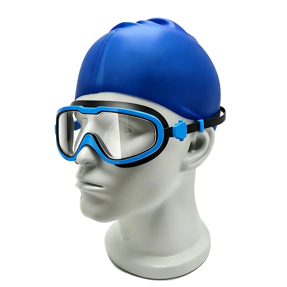 Personalized Custom Large Frame Racing Anti-UV PC Lens Water Sport Kids Silicone Swimming Goggles and Cap Set, product image 2