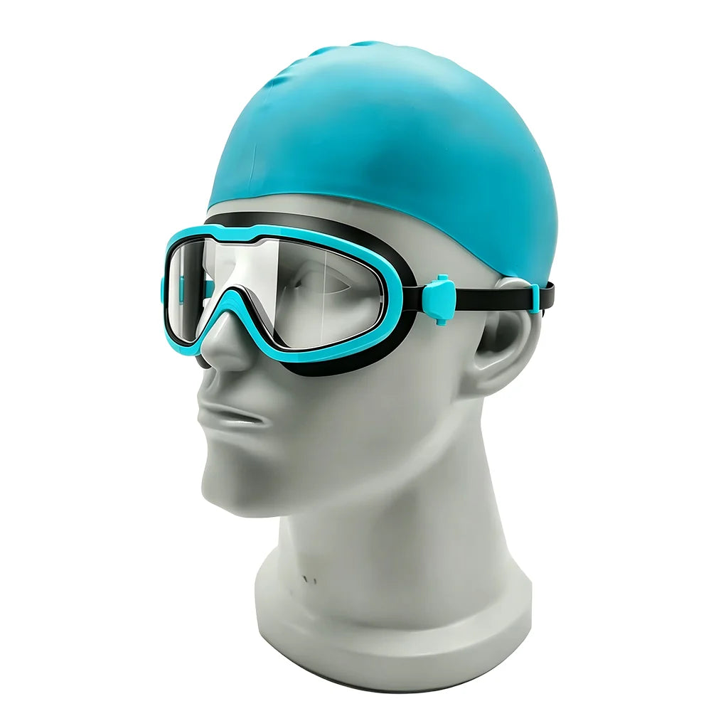 Personalized Custom Large Frame Racing Anti-UV PC Lens Water Sport Kids Silicone Swimming Goggles and Cap Set, product image 3