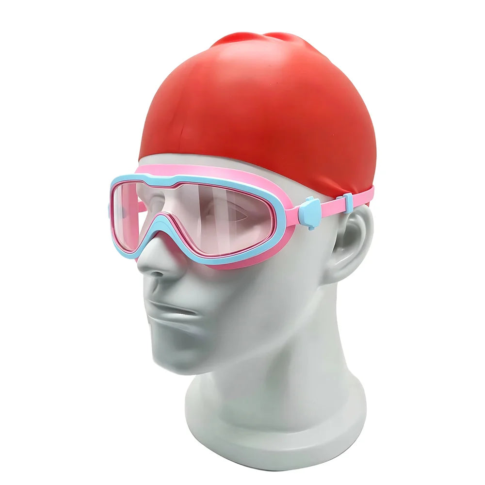 Personalized Custom Large Frame Racing Anti-UV PC Lens Water Sport Kids Silicone Swimming Goggles and Cap Set, product image 1