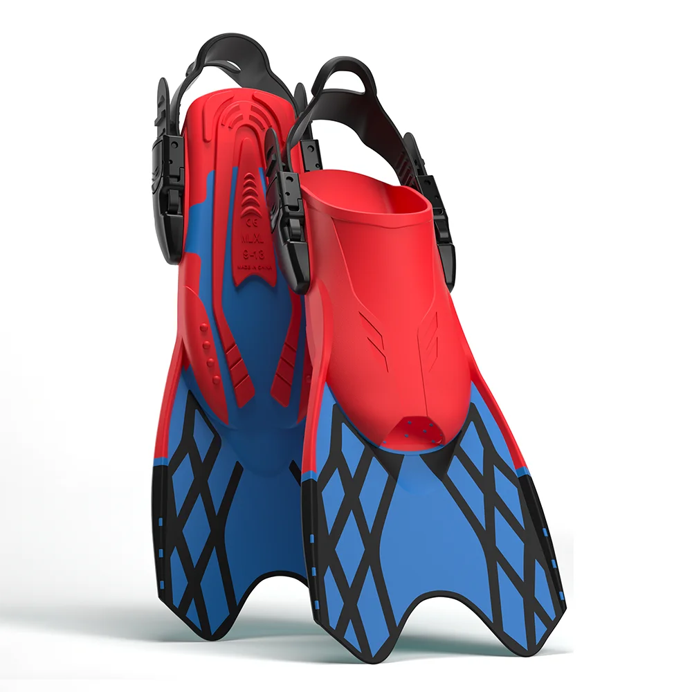 Premium Adjustable Open Heel Swim Fins Diving Fins Red Blue Web Pattern Rubber Foot Pocket Quick Release Buckle, product image 1