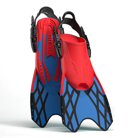 Premium Adjustable Open Heel Swim Fins Diving Fins Red Blue Web Pattern Rubber Foot Pocket Quick Release Buckle, product image 1
